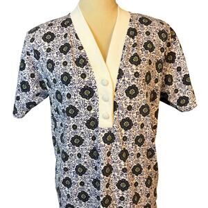 Vintage Gitano Deep V- Neck Fabric Covered Buttons Floral Print Blouse Small